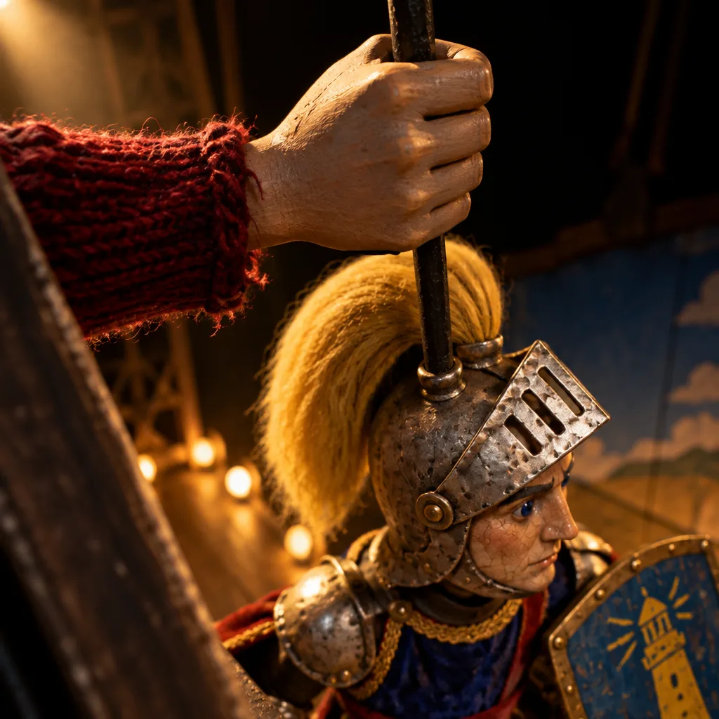 Tangan Agata menggenggam batang besi yang turun ke helm Aldobrand, boneka paladin berjambul kuning.